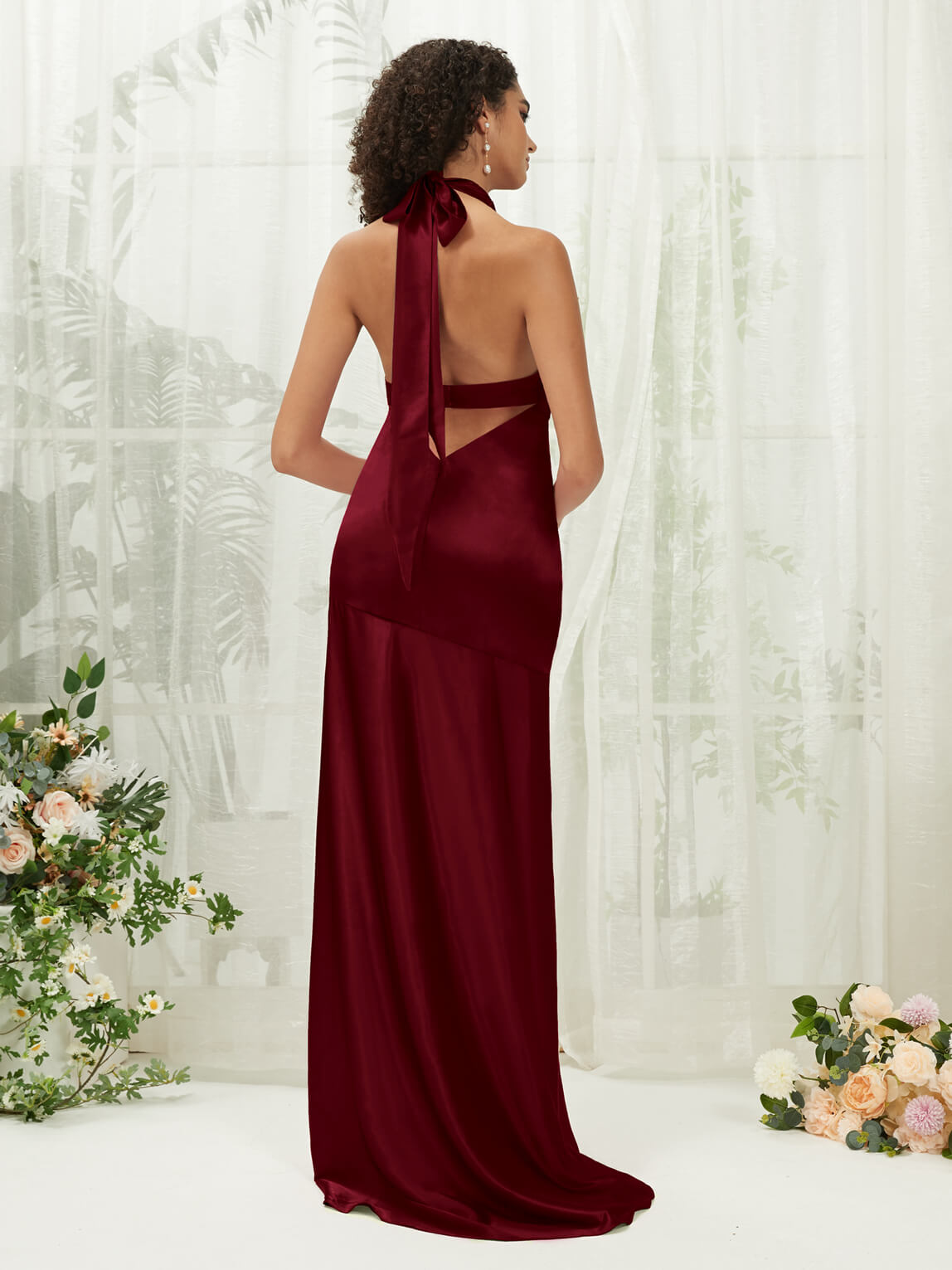 Burgundy Satin Halter Neck Sleeveless Maxi Bridesmaid Dress with Thigh High Slit - Elegant Formal Gown for Weddings, Prom, Evening Parties & Special Occasions
