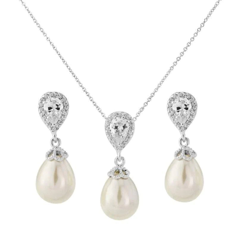 Elegant Silver Crystal & Pearl Wedding Jewelry Set 7050 - Perfect for Brides, Bridesmaids, and Formal Occasions
