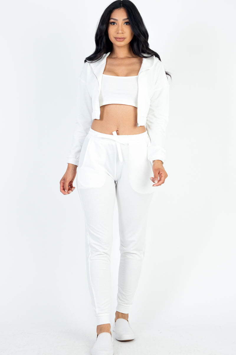 French Terry Cropped Cami with Zip Up Jacket & Joggers Set - Women's Casual Lounge Outfit | CAPELLA | Perfect for Yoga, Gym, Travel & Everyday Wear