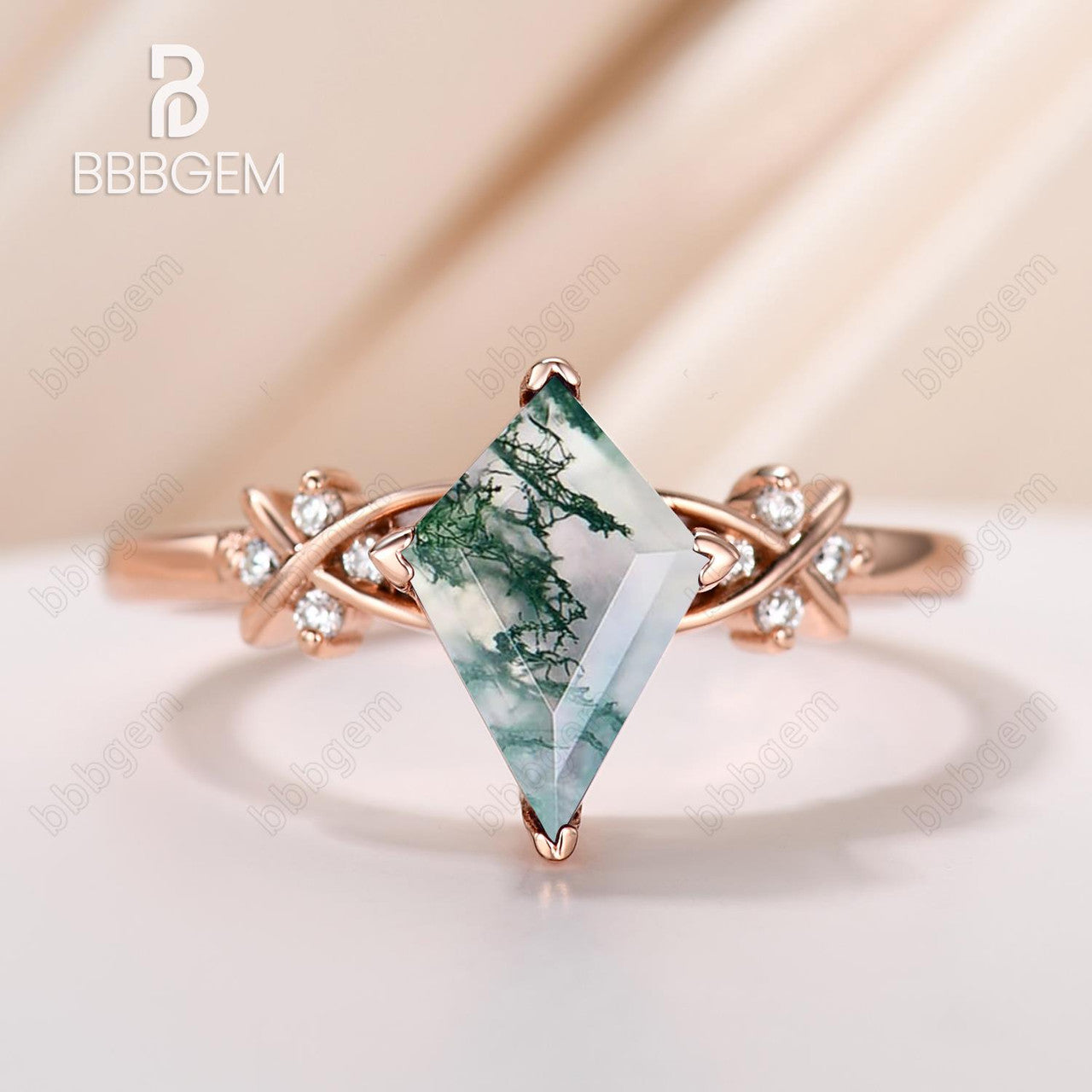 14K Rose Gold Kite Cut Moss Agate Diamond Engagement Ring - Geometric V-Prong Promise Jewelry for Women | Perfect for Proposals, Anniversaries & Special Occasions