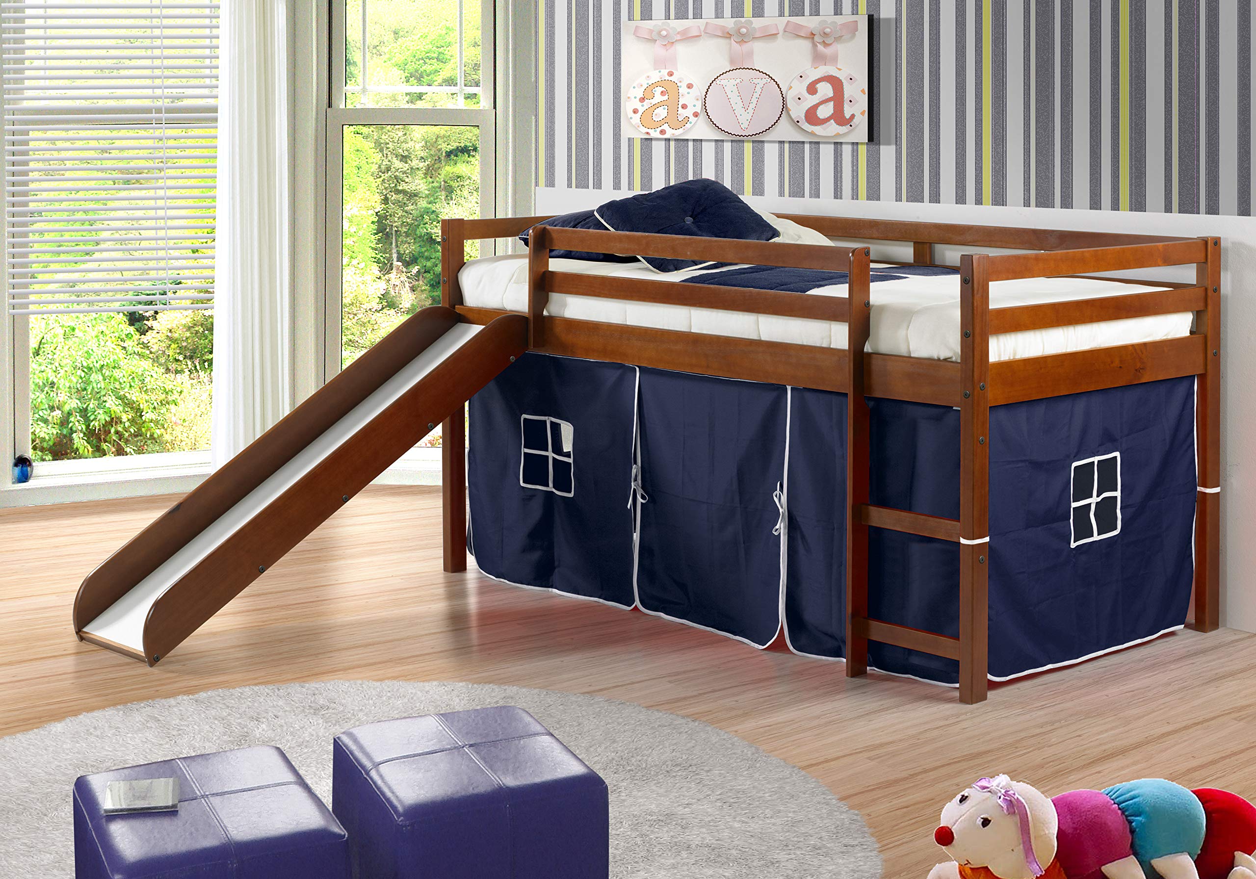 Donco Kids Play Tent - Twin Size Low Loft Bed with Fun Slide & Blue Canopy - Perfect for Indoor Playroom, Bedroom Decor, and Imaginative Play Adventures