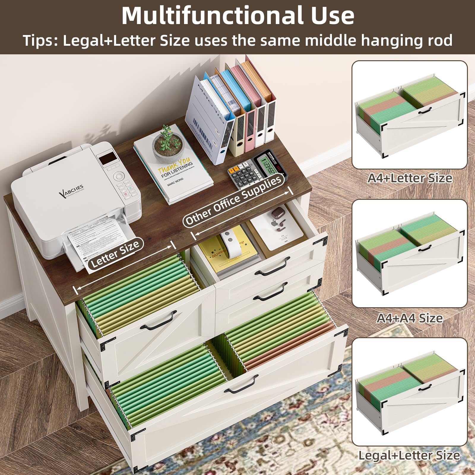4-Drawer Wood Lateral File Cabinet for Hanging Files - Letter/A4/Legal Size Storage - Farmhouse Style Home Office Furniture with Printer Stand (White & Brown) - Perfect for Organizing Documents in Small Offices, Study Rooms & Workspaces