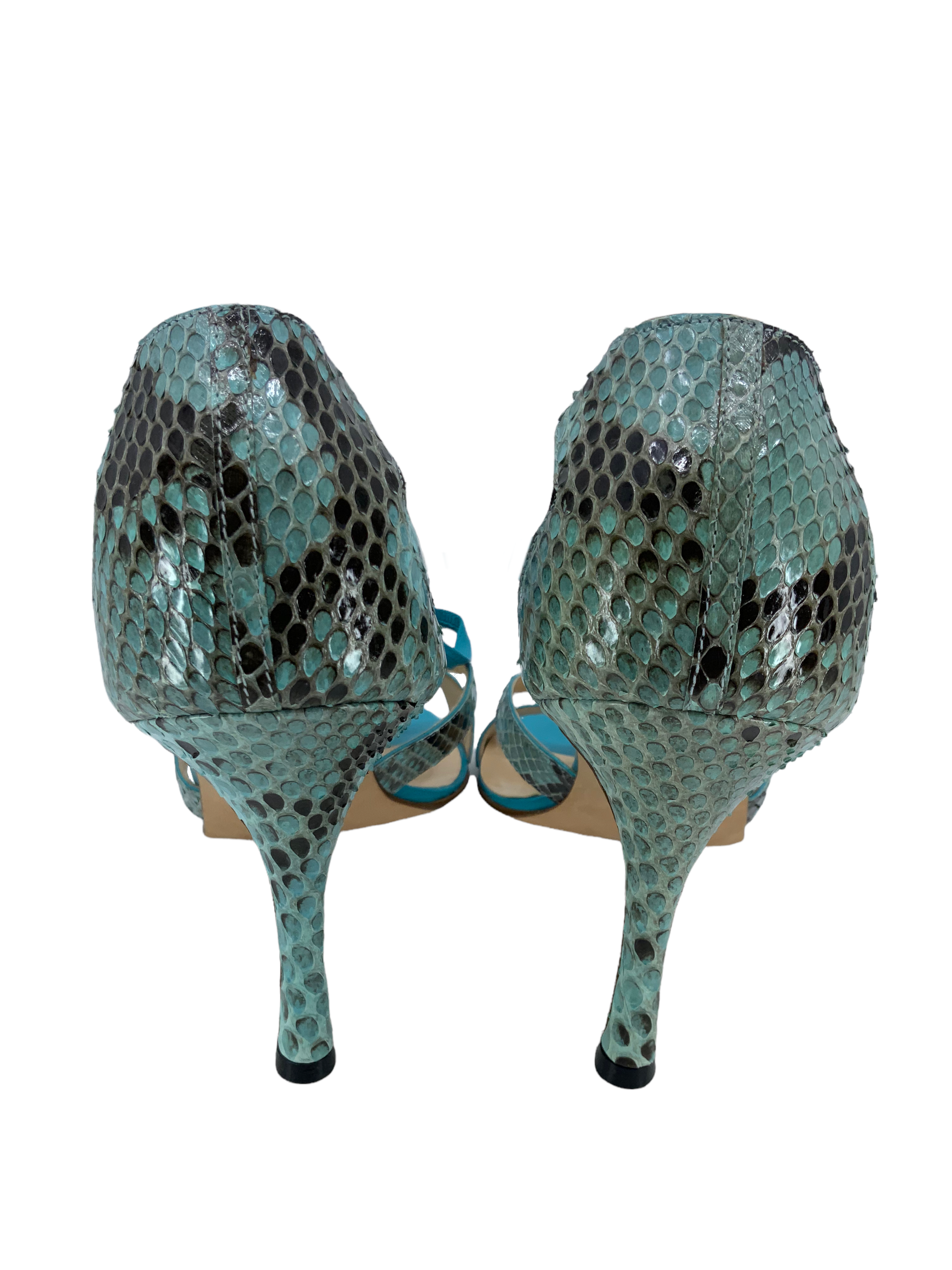 Manolo Blahnik Women's Size 10.5 Snakeskin Strappy Heel Sandals - Luxury Designer High Heels for Parties, Weddings & Special Occasions