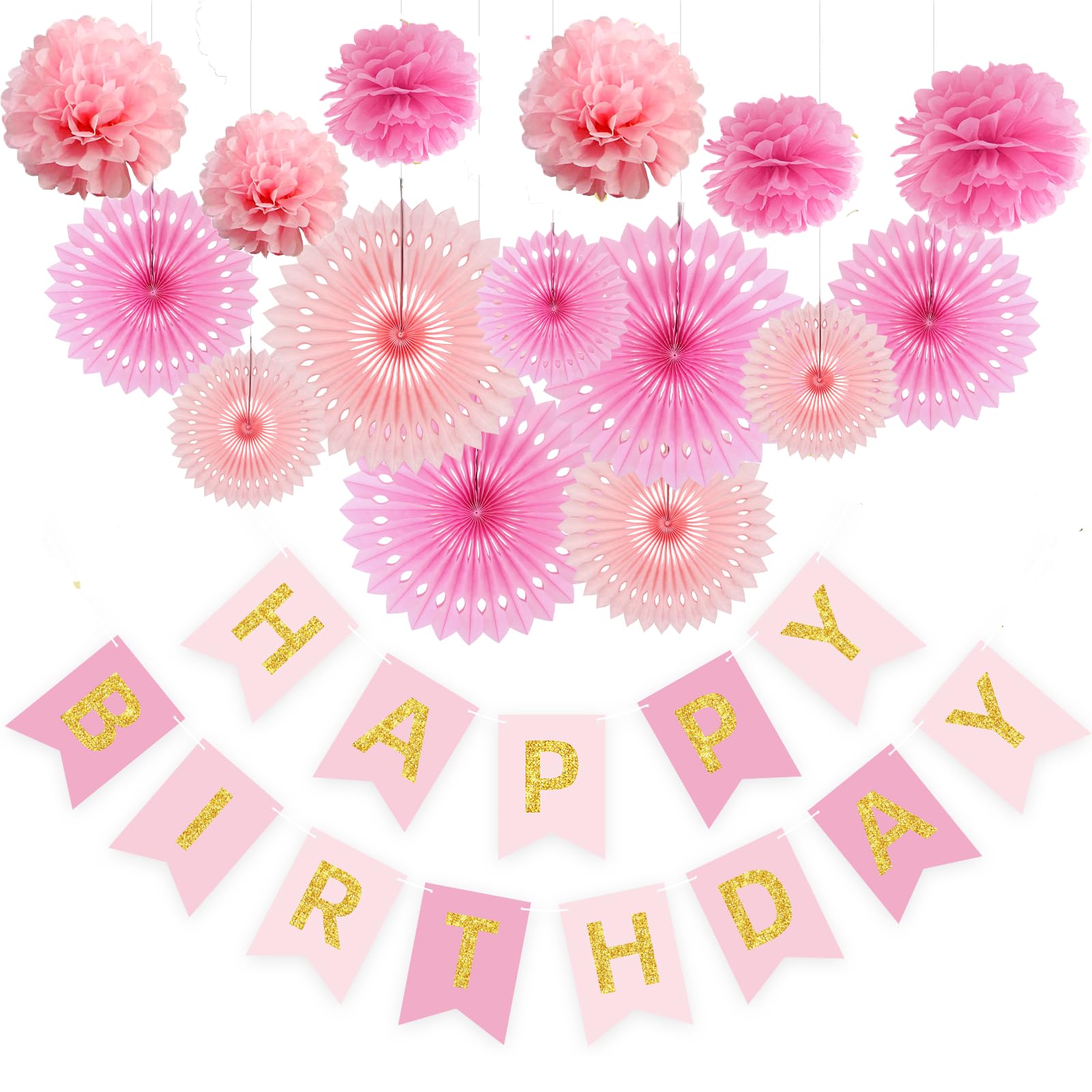 Pink Birthday Party Decorations Kit - Happy Birthday Banner, Tissue Paper Pom Poms & Hanging Fans for Women & Girls | Perfect for Birthday Celebrations, Baby Showers & Bridal Showers