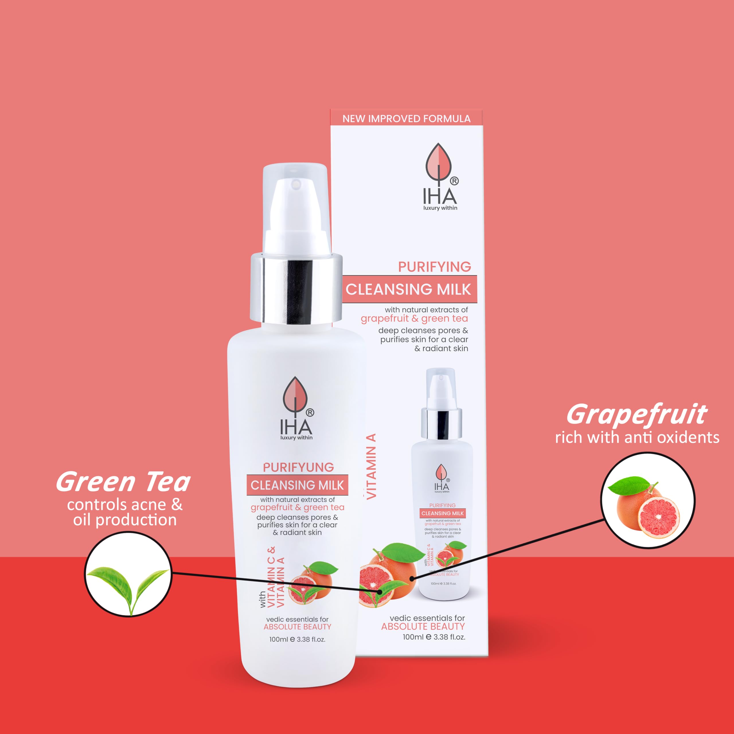 IHA Purifying Herbal Cleansing Milk - Gentle Deep Pore Face Cleanser with Olive, Grape & Green Tea Extract | Hydrating Facial Wash for Dry, Oily & Sensitive Skin | 100ml | Daily Skincare & Makeup Removal