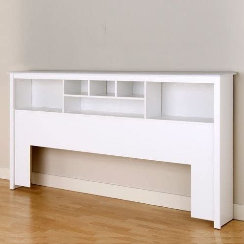 King Size Stylish Bookcase Headboard - White Wood Finish Bed Frame with Storage Shelves | Perfect for Bedroom Organization & Space Saving