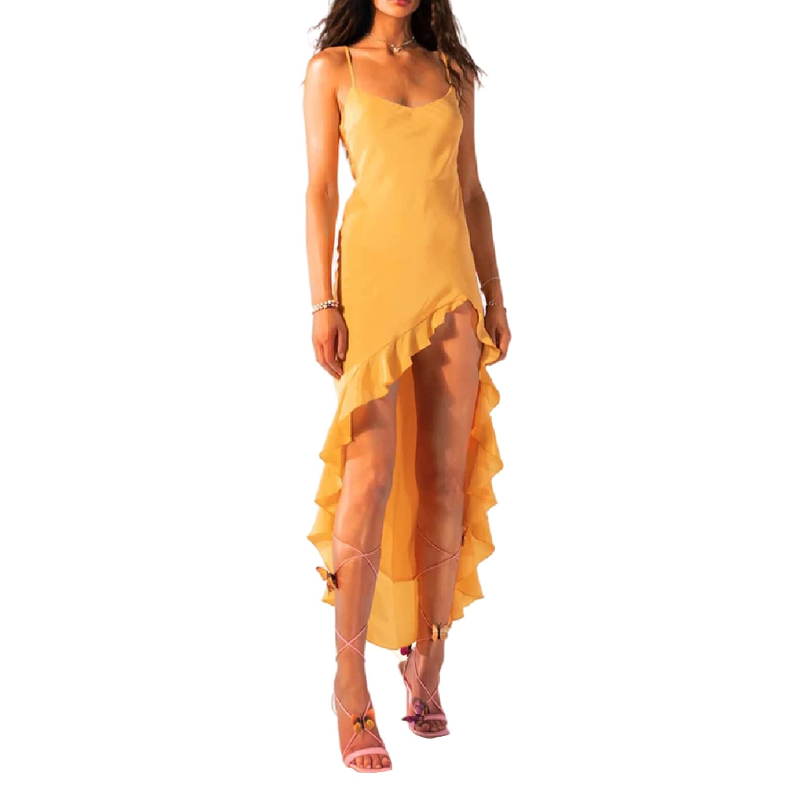 Women's Bohemian Floral Long Maxi Dress with Butterfly Print - Chic High-Low Side Ruffle Hem Swing Dress for Beach Vacation, Summer Party & Boho Fashion