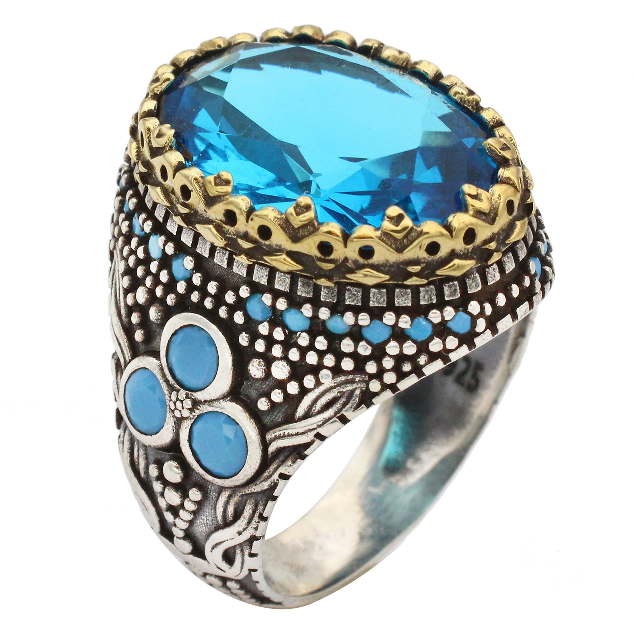 Handmade 925 Sterling Silver Aquamarine and Turquoise Ring for Men - Vintage Turkish Statement Jewelry - Size 12 - Perfect Christmas Gift for Him, Birthday Present or Anniversary Gift
