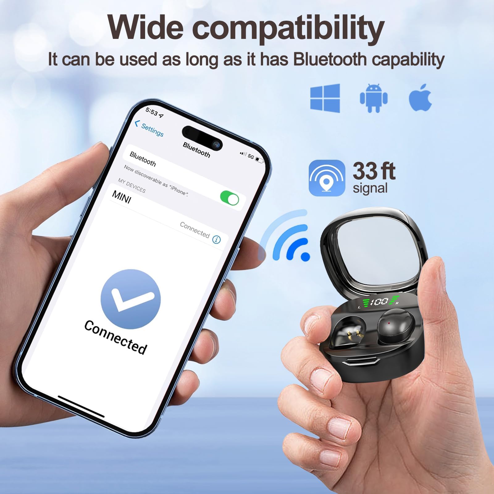 Mini Invisible Wireless Bluetooth Earbuds for Small Ears - Sleep Headphones for Side Sleepers, Hidden Work Earbuds with Comfort Fit - Perfect for Sleeping, Sports, Office & Travel (Black)