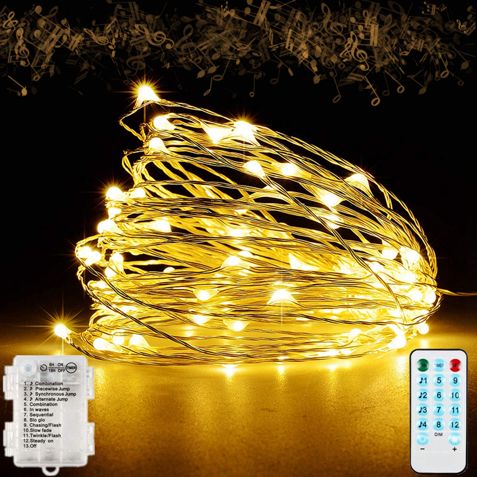 200 LED Fairy Lights - 66FT Battery Operated String Lights with Remote Control, 12 Lighting Modes, Music Sync & Timer | Waterproof Indoor/Outdoor Christmas Decorations for Bedroom, Garden, Party & Wedding