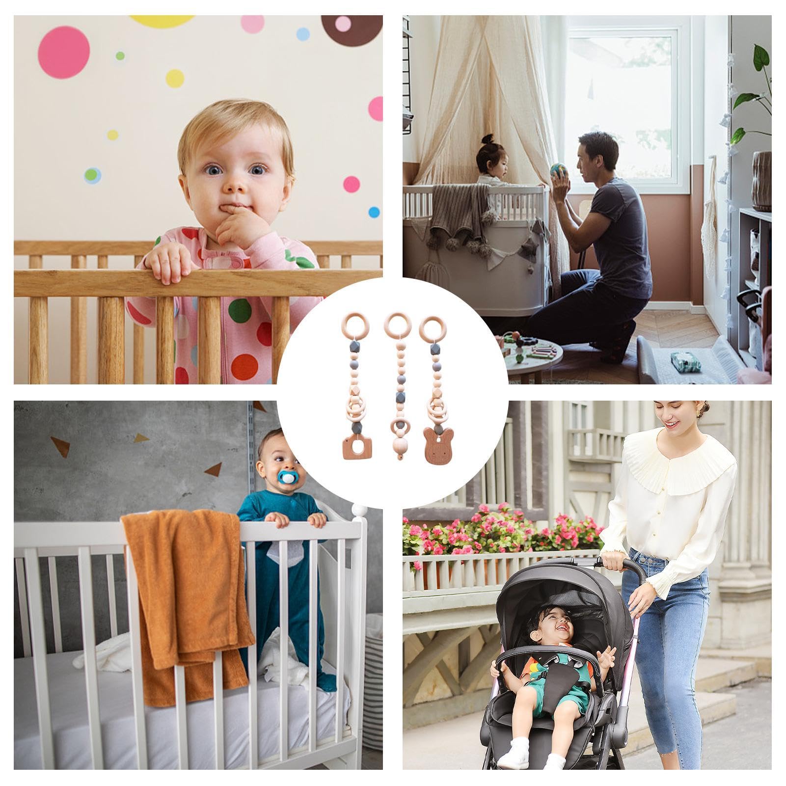 Wooden Baby Play Gym with Hanging Toys - Montessori Crib & Stroller Activity Toy for Infants Boys & Girls | Perfect for Nursery Decor, Birthday Gifts & Early Childhood Development
