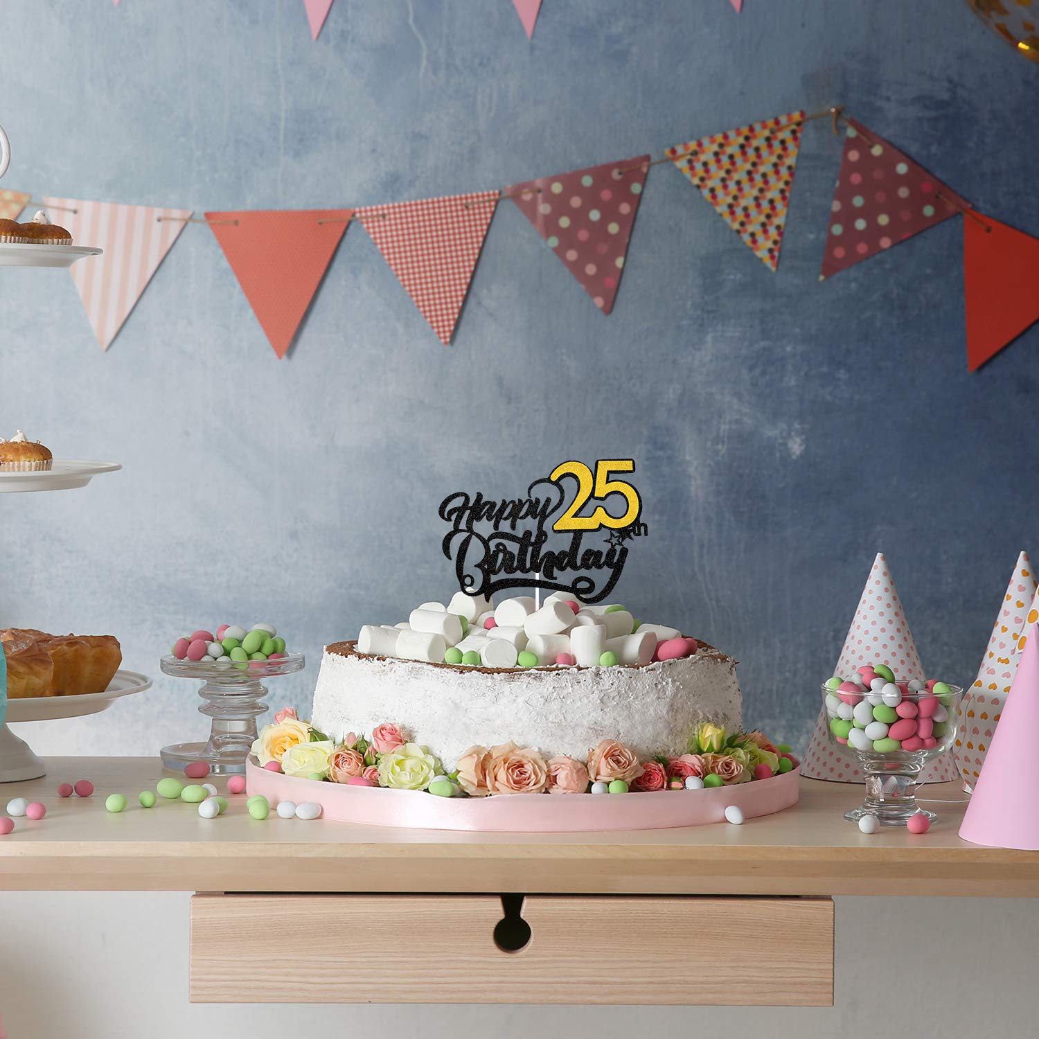 25th Birthday Cake Topper - Elegant Black Glitter Cake Decorations for Women | Perfect for 25th Birthday Parties, Milestone Celebrations & Anniversary Cakes
