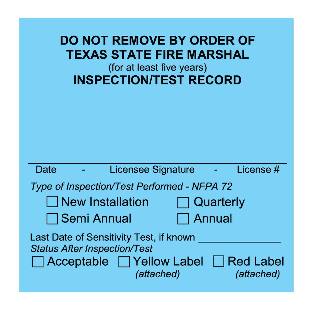 Texas Fire Alarm System Custom Printed Labels - 100 Pack Blue Maintenance Cards for Inspection & Test Records | Perfect for Fire Safety Compliance & Equipment Tracking