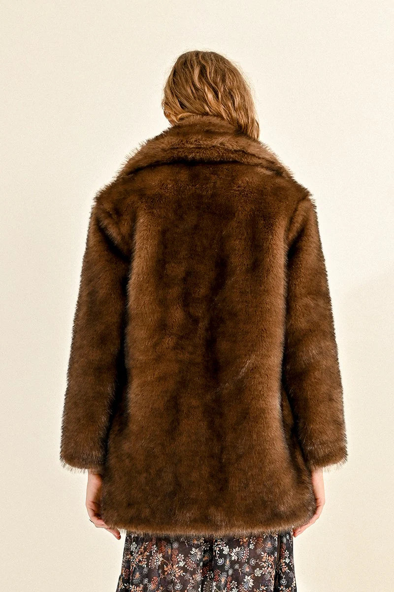 Luxury Soft Faux Fur Coat Women's Winter Warm Brown Jacket - Cozy Outerwear for Casual Outings & Holiday Parties