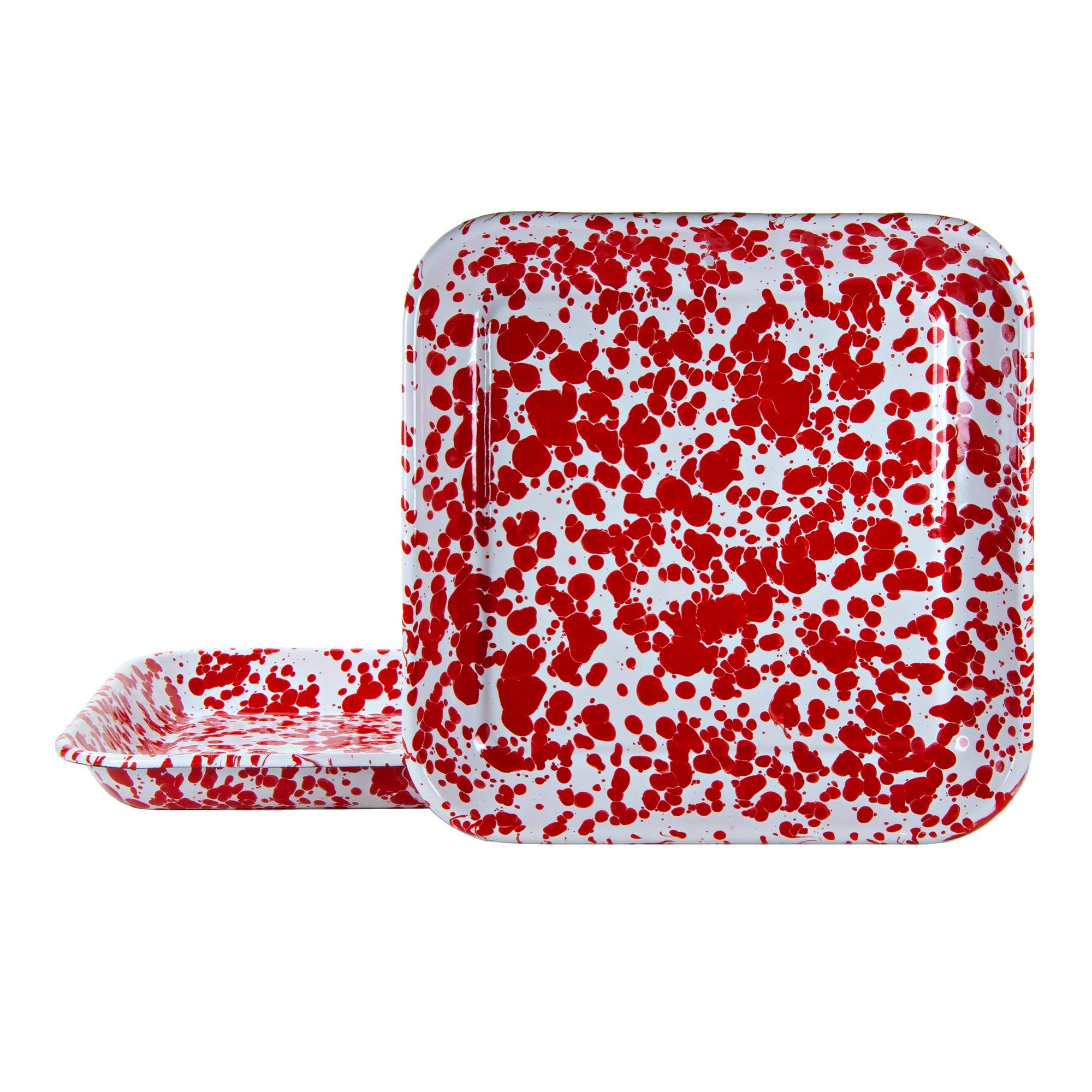 Golden Rabbit Enamelware Square Trays Set of 2 - Red Swirl Design - Perfect for Serving Appetizers, Desserts & Home Decor