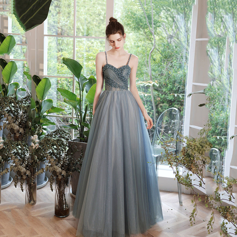 Elegant Beaded Blue Tulle Prom Dress with Spaghetti Straps - Formal Evening Gown for Homecoming, Quinceañera & Special Occasions