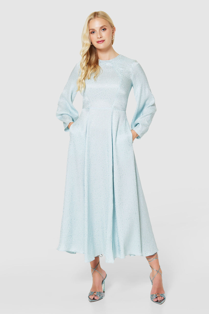 Jackie Midi Dress - Blue Jacquard Floral Print Women's Casual Summer Dress for Beach, Party & Office Wear