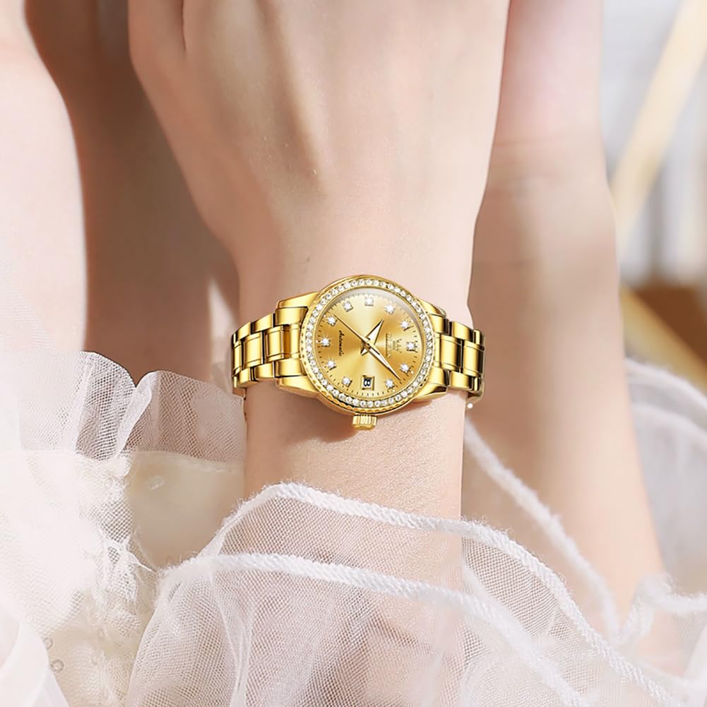 OLEVS Women's Automatic Diamond Mechanical Self-Winding Watch - Elegant Stainless Steel Dress Watch with Luminous Hands & Date Display | Waterproof & Scratch Resistant | Perfect for Business, Party & Everyday Wear