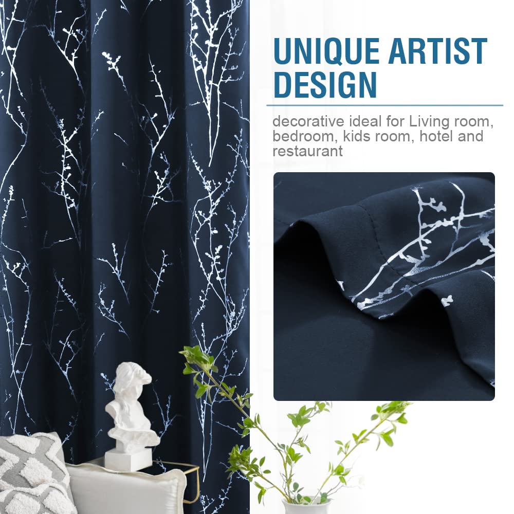 Blackout Curtains for Bedroom & Living Room - Thermal Insulated Light Blocking Window Drapes with Grommet Top - Foil Print Twig Tree Branch Design - 52 x 63 Inch, 2 Panels Navy - Perfect for Home Theater, Nursery & Shift Workers