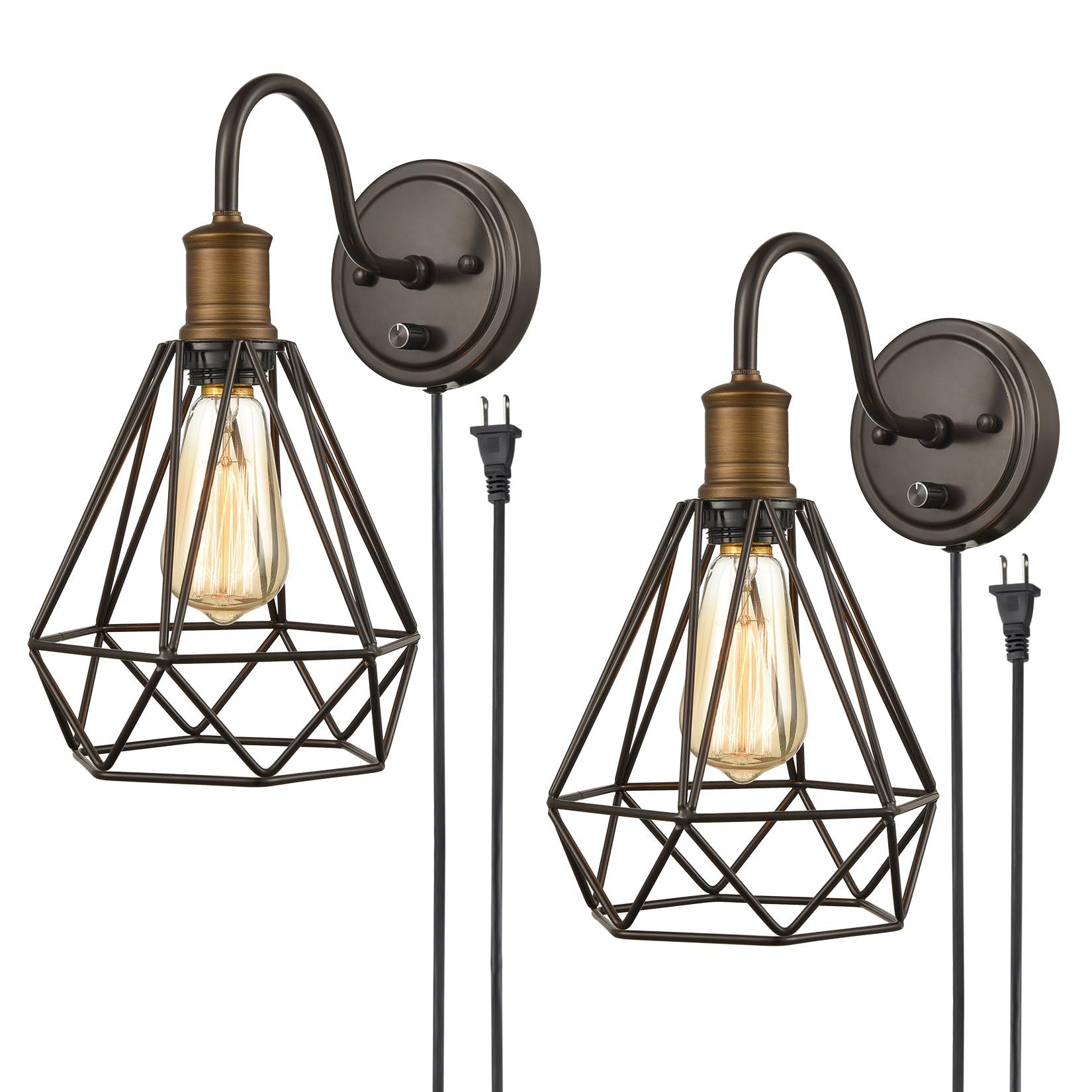 DAYCENT Set of 2 Industrial Wall Sconces - Oil Rubbed Bronze Gooseneck Farmhouse Lighting with On/Off Switch & Polygon Cage Design - Perfect for Bedroom, Living Room, Hallway & Entryway Lighting