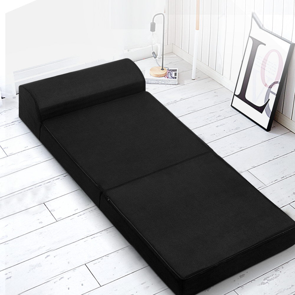 Portable Folding Foam Mattress - Single Size Sofa Bed with Air Mesh Fabric (Black) | Compact Guest Bed, Camping Mat & Space-Saving Home Solution
