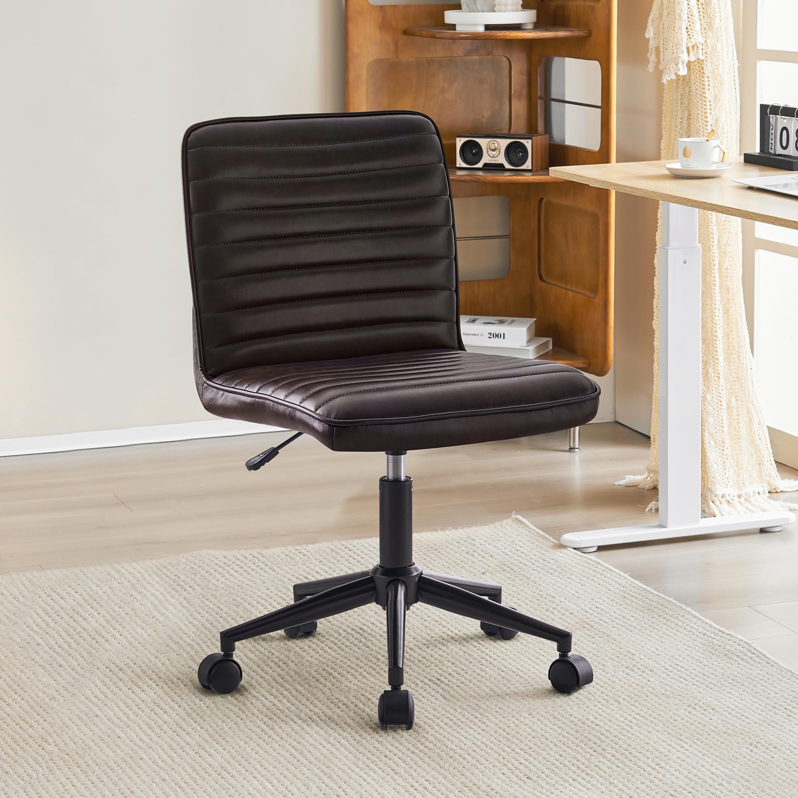 Furnimart Modern Armless Office Desk Chair - Genuine Leather Task Chair with Mid-Back Support, 360° Swivel & Height Adjustable - Ergonomic Home Office Chair for Small Spaces (Black/Brown) - Perfect for Home Offices, Study Rooms & Workspaces