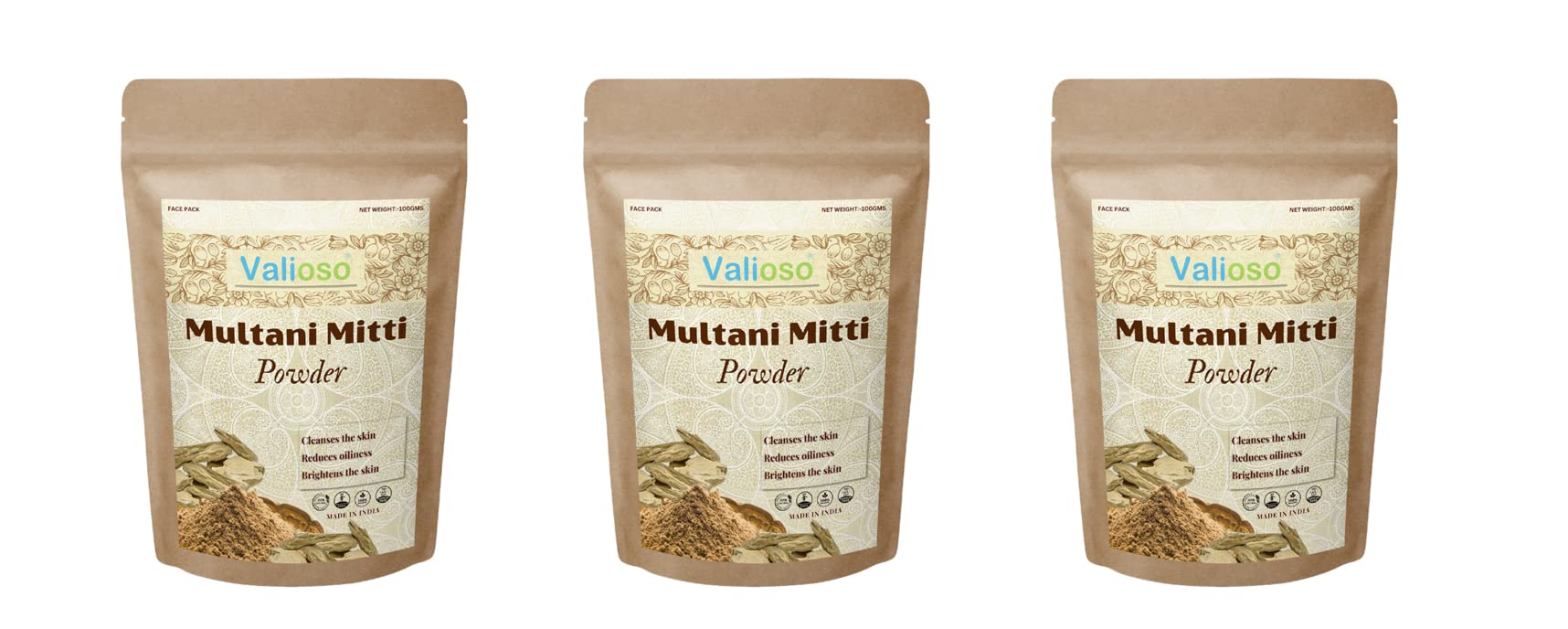 Valioso Multani Mitti Powder - 100% Natural Fuller's Earth Clay for Face, Skin & Hair Care (100g x 3 Pack) | Deep Cleansing, Acne Treatment & Hair Mask | DIY Beauty & Ayurvedic Skincare Solution
