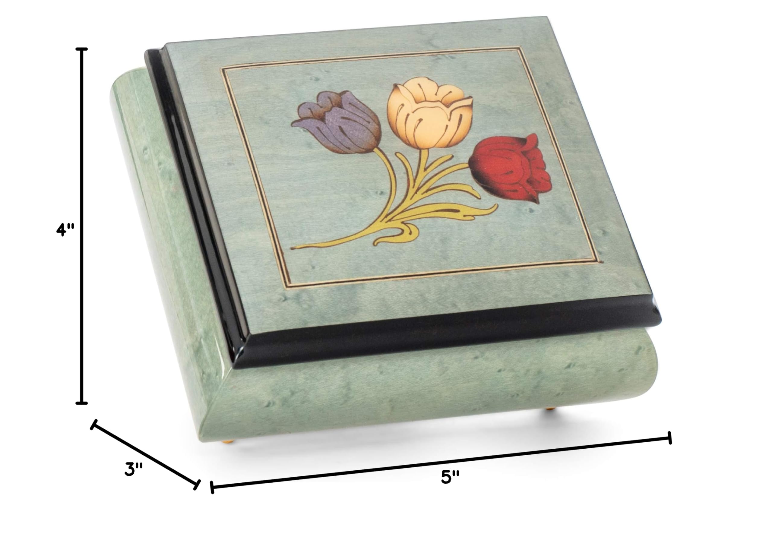 Handcrafted Haelo Glossy Tulips Blue Italian Inlaid Wood Jewelry Music Box - Plays 'As Time Goes By' - Perfect Gift for Anniversaries, Weddings & Home Decor