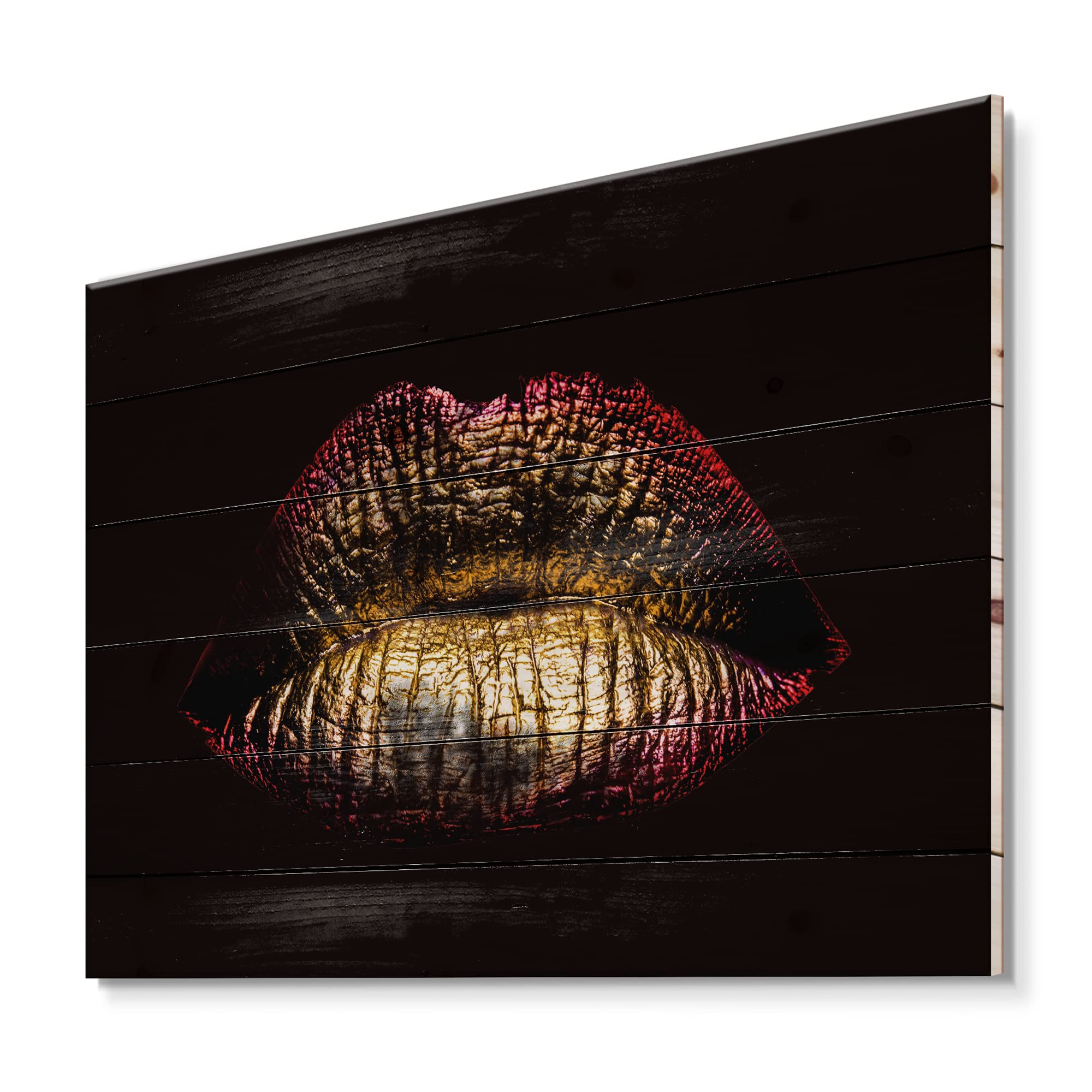 Golden Lips Wood Wall Art - Modern Metallic Decor for Living Room