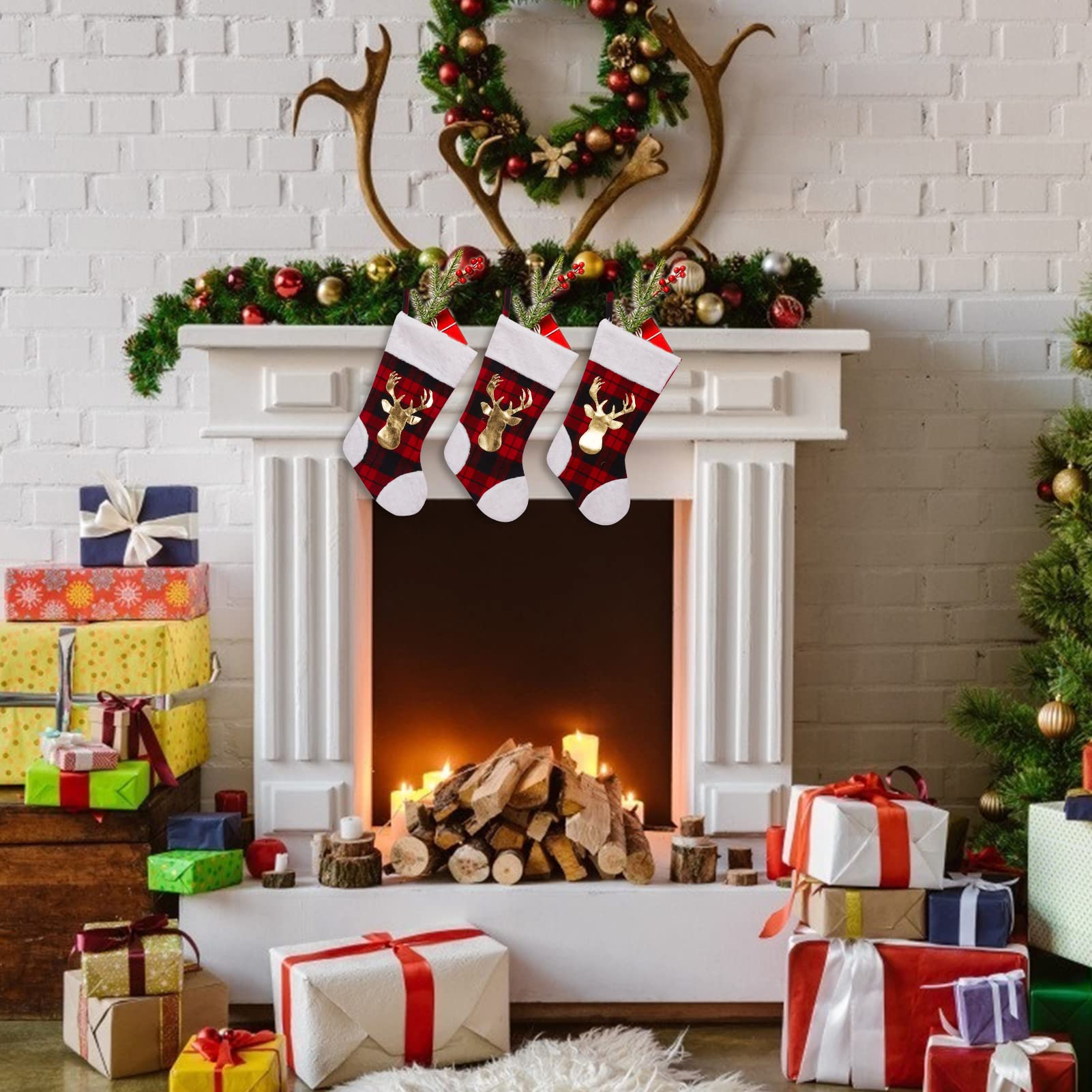 GARVEE 3-Pack 20-Inch Christmas Stockings with Gold Moose - Santa Stockings for Fireplace, Tree & Holiday Decor - Festive Hanging Stockings for Home, Family Parties & Gift Giving (Red & Black) - Perfect for Christmas Morning, Mantel Decor & Cozy Holiday Gatherings