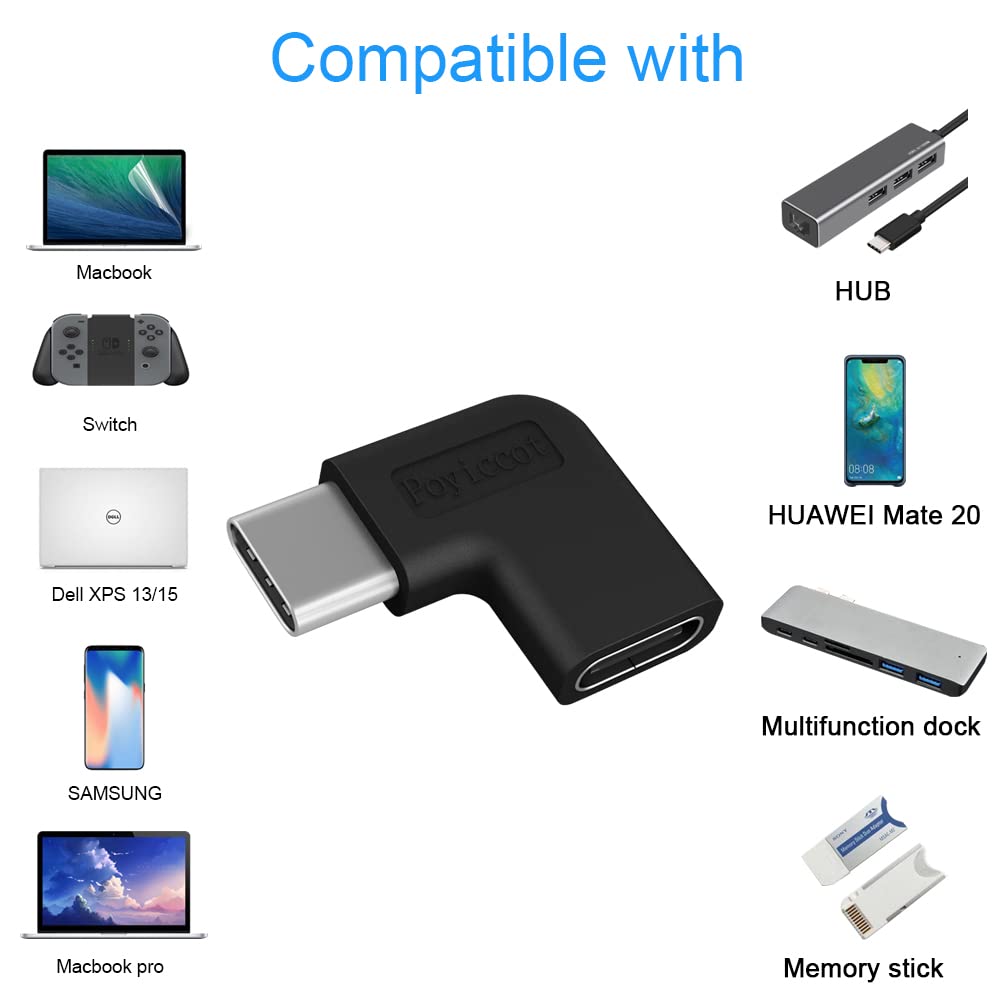 Poyiccot 2-Pack USB C Right Angle Adapter 10Gbps - 90 Degree USB 3.1 Type C Male to Female PD Adapter for Laptop, Tablet & Phone - Fast Data Transfer & Charging for Travel, Office & Home Use