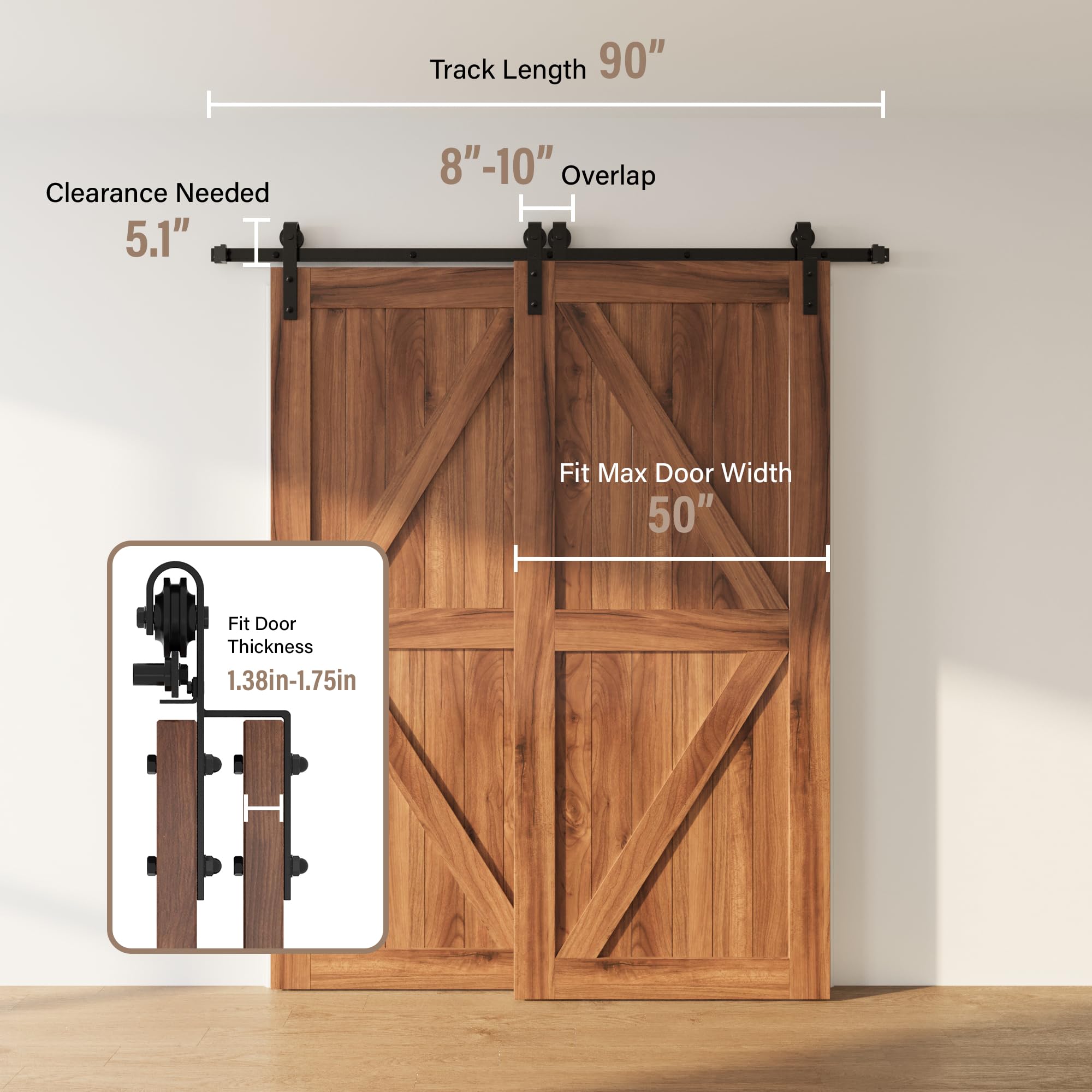 WINSOON 7.5FT Single Rail Bypass Barn Door Hardware Kit - Heavy Duty Sliding Track System with Antique Rollers for Double Doors - Perfect for Cabinet, Closet, Bedroom and Home Office Installation