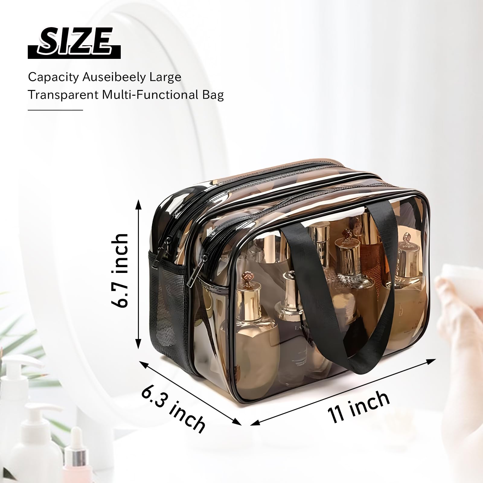 WEISIPU Large Waterproof Clear Travel Toiletry Bag - Transparent Makeup Organizer with Double Zipper - TSA Approved Carry-On Cosmetic Case for Men & Women (Stylish Black Trim) - Perfect for Air Travel, Gym & Weekend Getaways