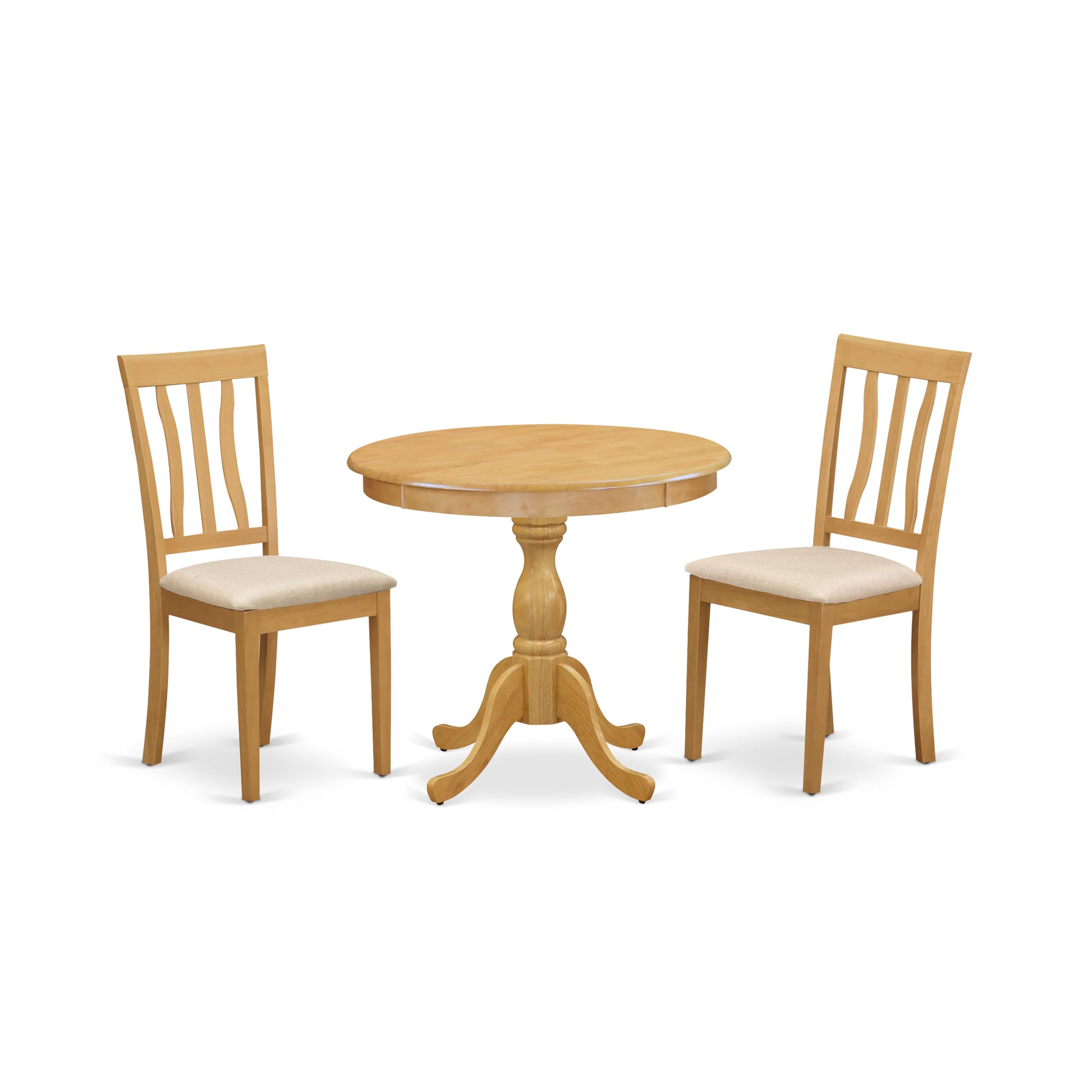 East West Furniture AMAN3-OAK-C 3-Piece Modern Dining Table Set - Round Kitchen Table with Pedestal Base & 2 Linen Fabric Chairs, 36x36 Inch, Oak Finish - Perfect for Small Spaces, Breakfast Nooks & Cozy Dining Rooms
