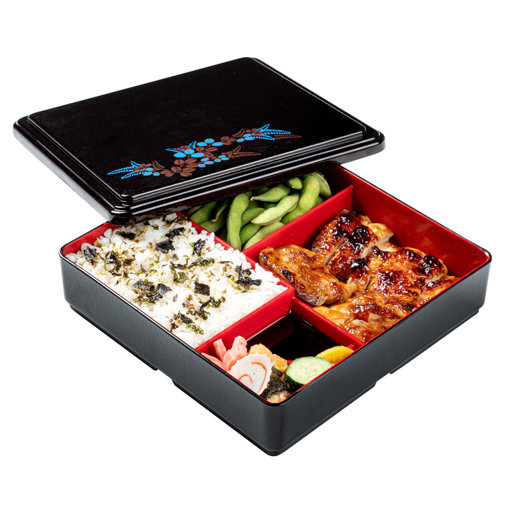 Japanese Style Bento Box - 5 Compartment Black & Red Lunch Box with Lid | 8.25