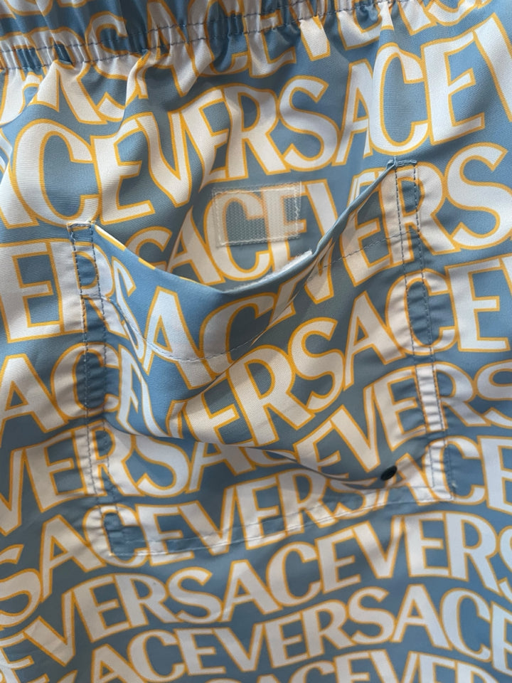 Versace All Over Logo Print Men's Swim Bottoms - Size US Small (S) | Stylish Beachwear for Pool, Vacation & Summer Outings