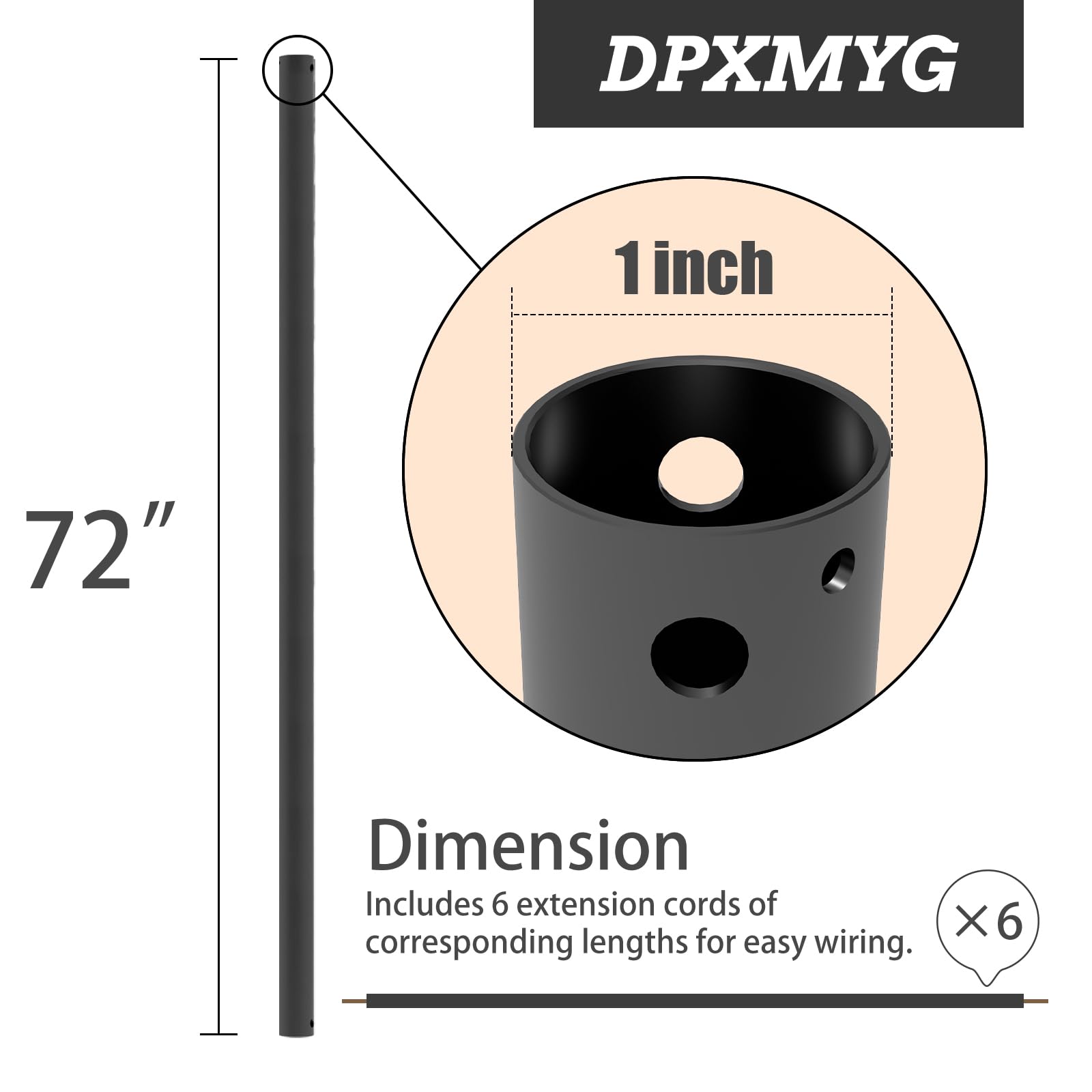72 Inch Ceiling Fan Downrod with 6FT Extension Cord - 1 Inch OD Black Non-Threaded Downrod for Ceiling Fan Installation - Perfect for Living Room, Bedroom, and Outdoor Patio Cooling