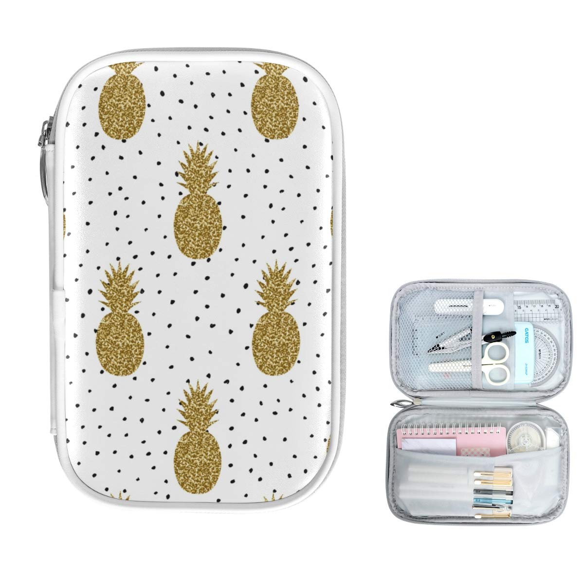 ZZKKO Pineapple Polka Dot Pencil Case - Zippered School & Office Organizer for Pens, Stationery & Makeup | Perfect for Students, Professionals & Travel
