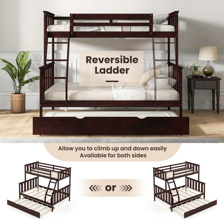 Costway 3-in-1 Convertible Twin Over Full Bunk Bed with Trundle & Ladder - Space Saving Kids Bunk Bed for Small Rooms, Guest Rooms & Vacation Homes