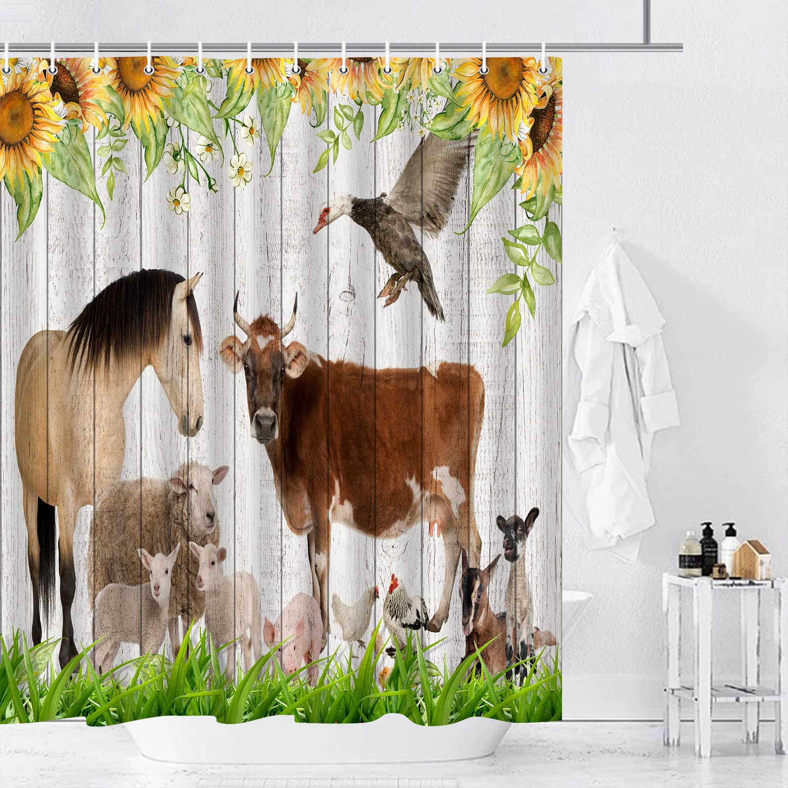 Farm Animal Shower Curtain Set - Sunflower, Cow, Horse, Sheep & Duck Design on Green Grass & Wooden Planks Farmhouse Background - 70x70 Inch Bathroom Hanging Cloth with Hooks - Perfect for Farmhouse, Country, or Rustic Bathroom Decor