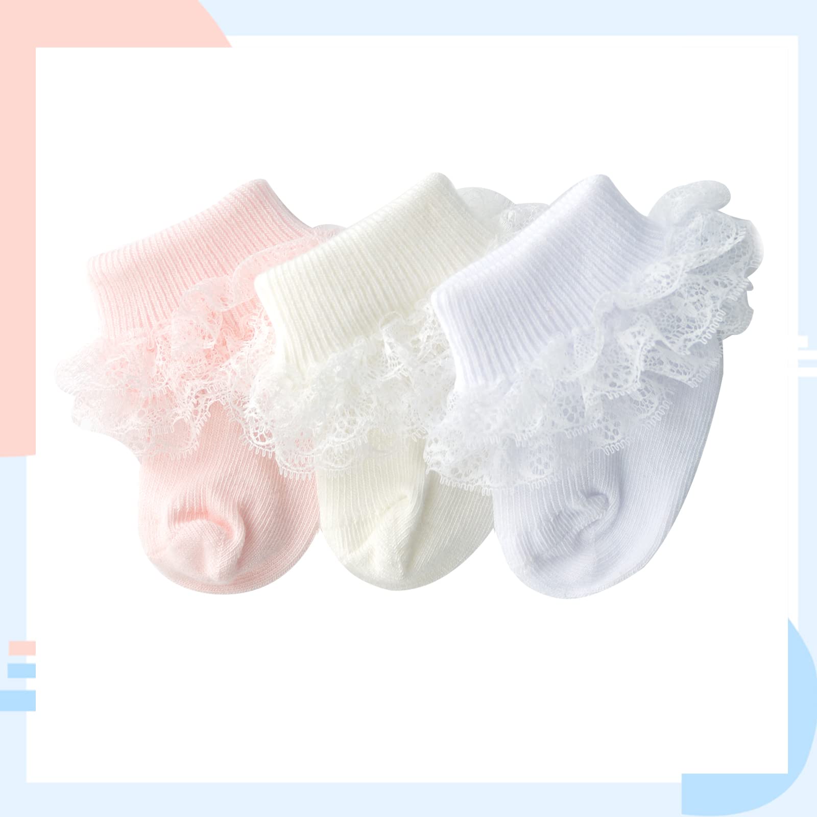Adorable Baby Girl Socks with Eyelet Triple Lace Ruffles - 2/3/5 Pairs Ankle Dress Socks for Newborns, Infants & Toddlers - Perfect for Special Occasions, Photo Shoots & Everyday Wear