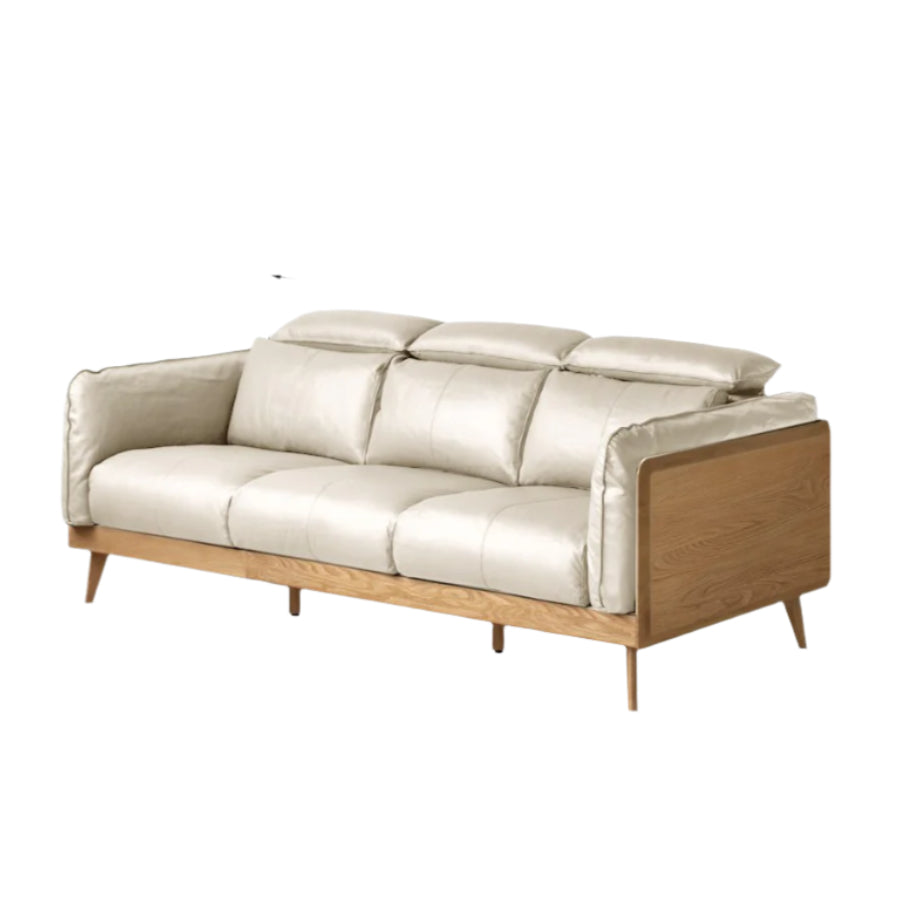 90.9x42.5x33.4 inch / 231x108x85 cm / Natural wood color / small three-seater leather coconut milk white