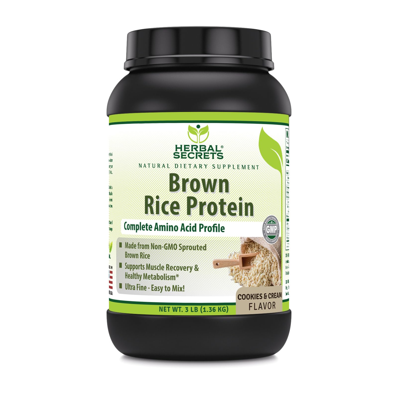 Herbal Secrets Brown Rice Protein Powder - 3 Lb Vegan Protein Supplement with 12g Protein per Serving | Plant-Based, Gluten-Free, Non-GMO | Made in USA (Cookies & Cream Flavor) for Smoothies, Baking & Post-Workout Recovery