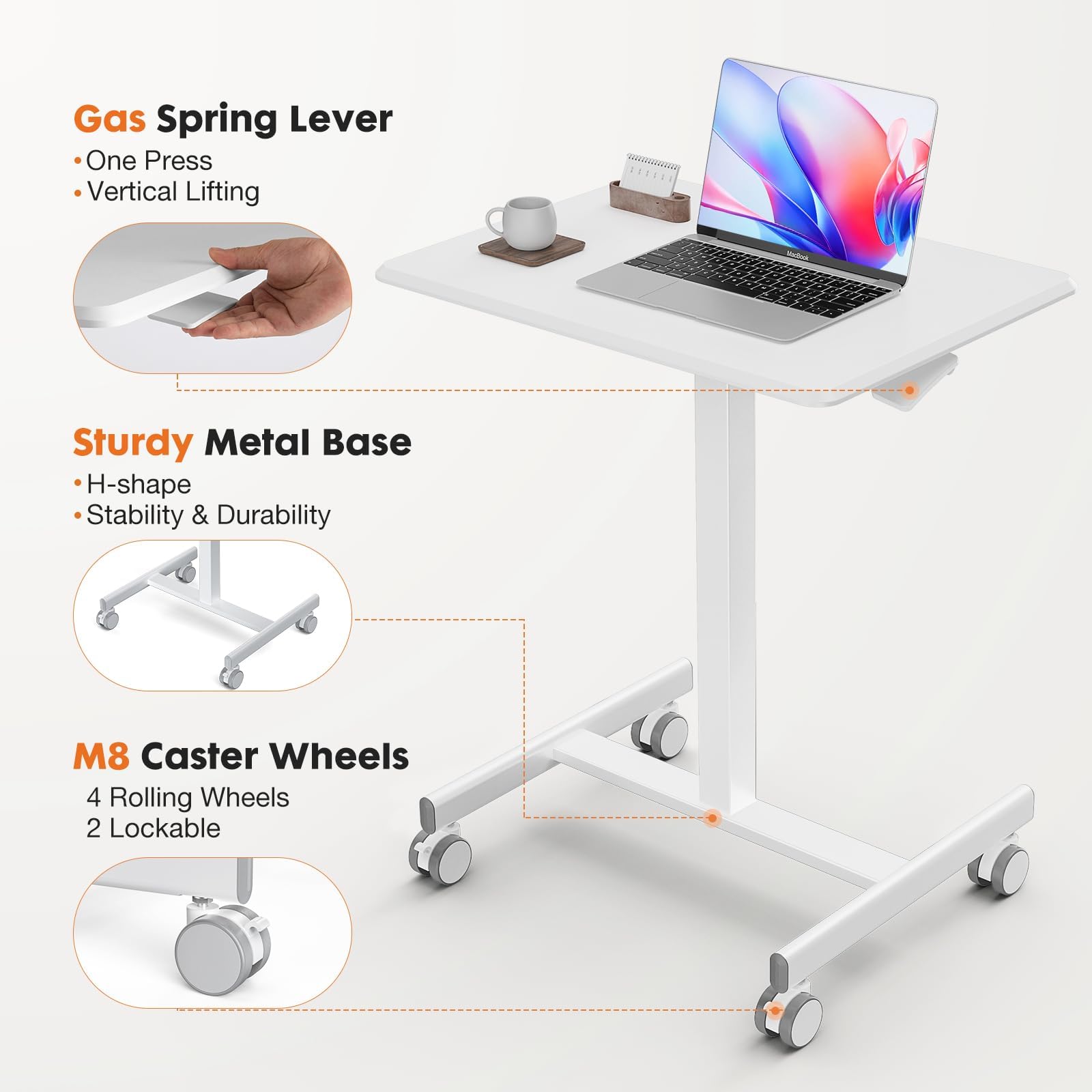 YSSOA Adjustable Height Mobile Standing Desk with Lockable Wheels - Portable Sit Stand Laptop Table Computer Workstation for Home Office, Small Spaces & Dorm Rooms - White