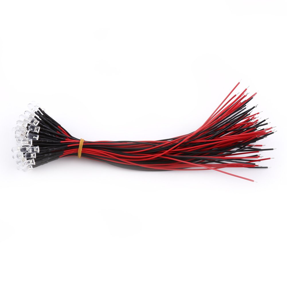 50Pcs 3mm/5mm/10mm LED Diode Lights DC 9-12V Pre-Wired Round Clear Small LED Bulbs for DIY Science Projects, Home Decor, Car Lighting, and Electronic Experiments (Red Light 5mm) - Perfect for Circuit Boards, Model Making, and Holiday Decorations