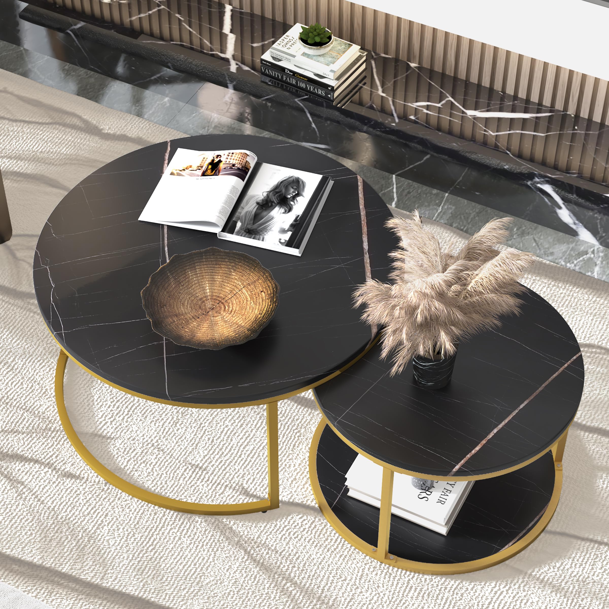 Modern Round Nesting Coffee Table Set of 2 - 34 Inch Wooden Circle Accent Tables with Gold Metal Frame for Living Room, Balcony & Office - Easy Assembly Black & Black - Perfect for Small Spaces, Home Decor & Coffee Time