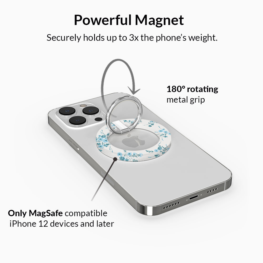 French Blue Floral MagSafe Grip Ring - Magnetic Phone Holder for iPhone 12/13/14/15 Pro Max - Perfect for Driving, Workouts & Hands-Free Use