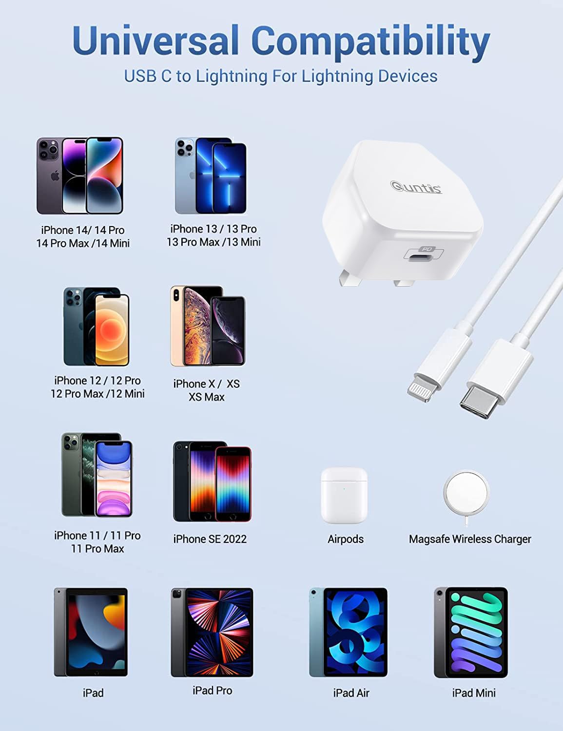 Quntis 30W GaN Fast Charger with 2m USB C to Lightning Cable - MFi Certified PD 3.0 & QC Charger for iPhone 14/13/12/11/SE/X/XR/XS & iPad Pro/Air - Compact & Powerful Charging for Home, Office & Travel
