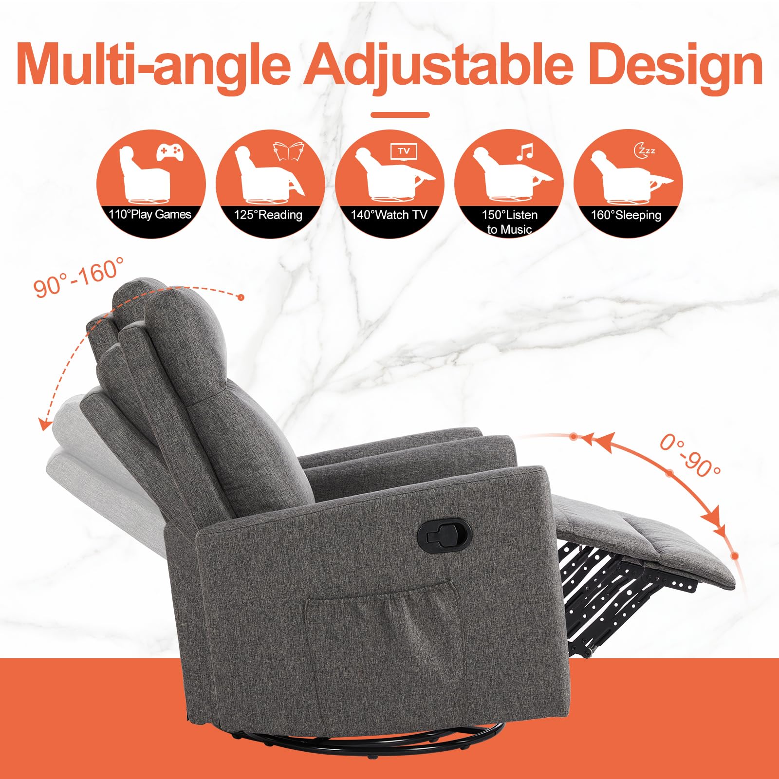 Sweetcrispy 360 Swivel Recliner Chair for Adults - High Back Upholstered Rocking Glider with Deep Seat - Grey Living Room Recliner & Nursery Chair for Relaxing, Nursing & Reading