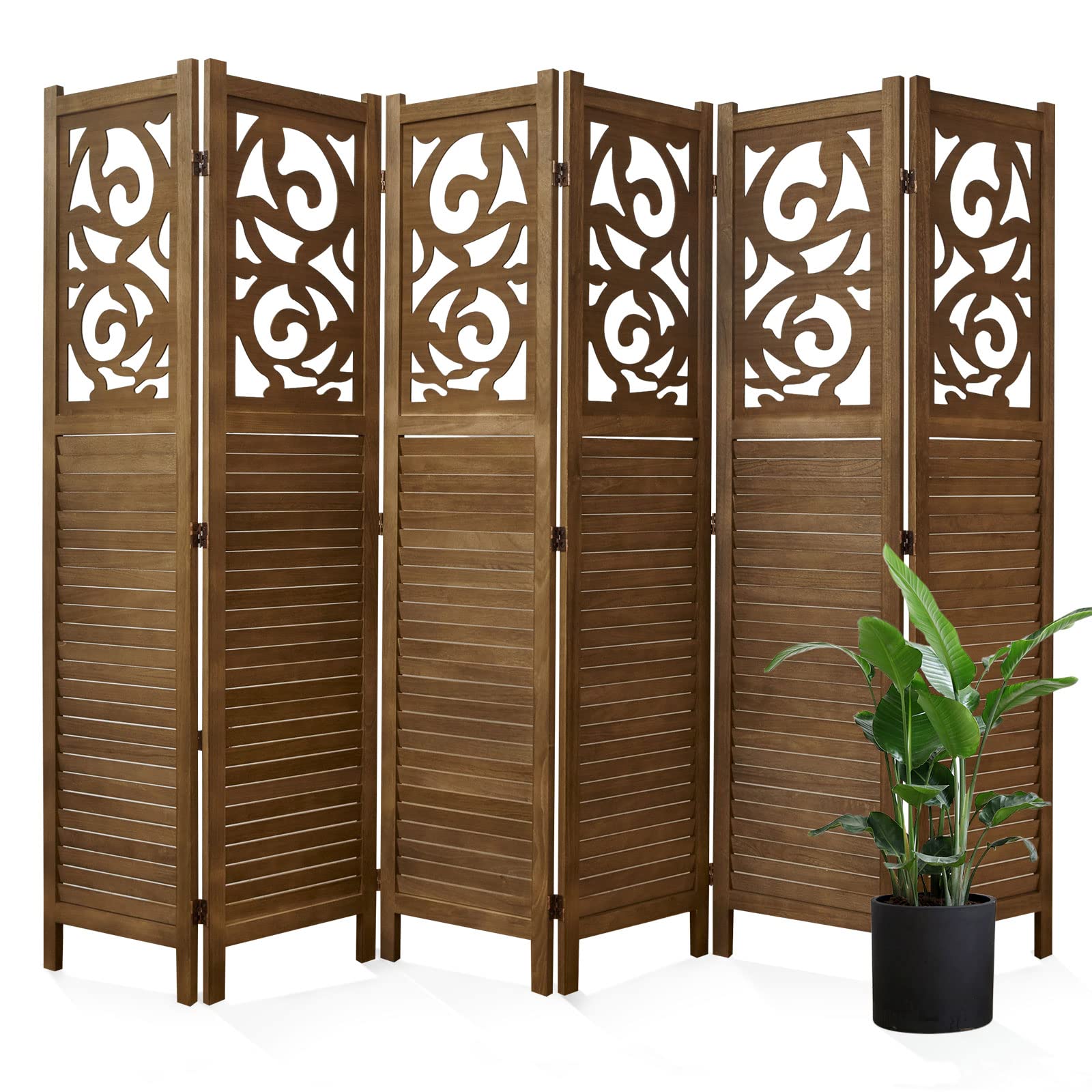 Wooden Room Divider Screen - 6 Panel Folding Partition with Carved Design for Home, Office, Garden & Terrace - 67 x 90 Inches Portable Privacy Screen (Brown) | Perfect for Creating Private Spaces, Dividing Rooms & Enhancing Decor